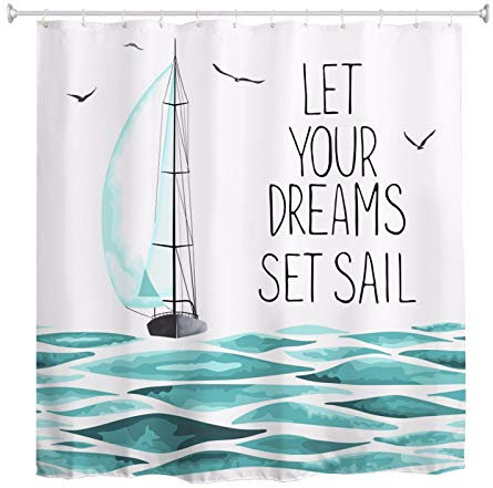 A.Monamour Duschvorhang Aquarell Segelboot Im Meer Möwen Vögel Ozean Wellen Natur Kunstdruck Wasserdichtes Gewebe Bad Vorhang Polyester Duschvorhang Mit Haken Ringe 150x180 cm / 60x 72