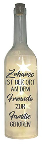 WB wohn trends LED-Flasche mit Motiv, Zuhause ist der Ort an dem Freunde zur Familie gehören, grau, 29cm, Flaschen-Licht Glitzer-Flasche Leuchtflasche Lampe mit Text Spruch