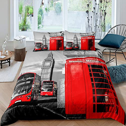 London Big Ben Bettbezug Set Rote Telefonzelle Bus Bettwäsche Set 200x200cm für Kinder Jungen Mädchen Britisch Stil Betten Set London Stadtbild Schlafzimmer Kollektion 3St