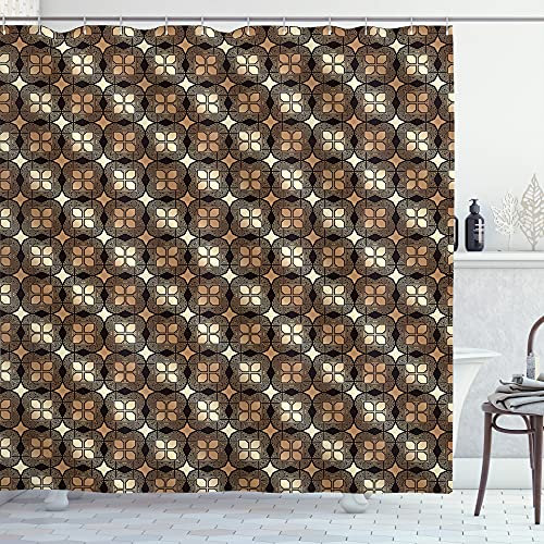 ABAKUHAUS Jahrgang Duschvorhang, Art Deco Gatsby Squares, Stoffliches Gewebe Badezimmerdekorationsset mit Haken, 175 x 200 cm, Schwarz Kamel Champagner