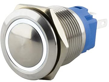 SeKi Edelstahl Drucktaster Ø16mm tastend gewölbter Kopfform farbig beleuchtetem LED Ring in weiss Lötösen / Flachstecker 0,5x2,8 Anschluss; Klingeltaster