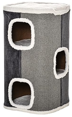 PawHut Barril Rascador para Gatos 74 cm de Altura Tonel de Escalada con 3 Cuevas de Sisal y Felpa Plataforma de Lana 40x40x74 cm Gris