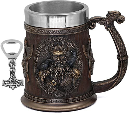 PBTMCD 3D Vikingo Taza Jarra con el Martillo de Thor Abrebotellas, Copa de Barril de Whisky Jarra de Cerveza Bar Stein, para los Hombres Dia del Padre Taza de café de Regalo,Odin2