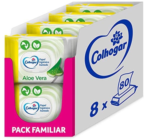 Colhogar Aloe 8x80 Papier hygiénique humide jetable à l'extrait d'Aloe Vera - Sans alcool - Testé dermatologiquement - Lot de 640 lingettes humides et jetables par WC