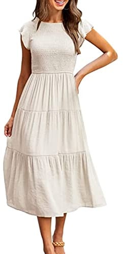 Yuson Girl Vestito Estivo Lungo Donna - Abito Estivo Lungo Collo Rotondo Ragazza con Manica a Volant Vestiti Casuale Eleganti Colori Solidi Abiti Estivi Donna Lunghi