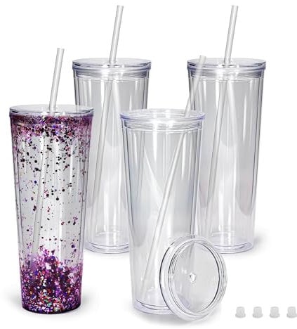 Sweet Grain Snow Globe Tumblers (4 Pack) - 24oz Double Wall Acrylic Snowglobe Cups with Pre Drilled Hole, Lids, Straws and Hole Stopper