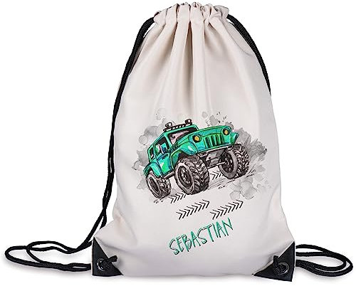 GRAZDesign Turnbeutel Kinder mit Namen personalisiert aus Polyester | Naturfarben | Rucksack | Sportbeutel | Gymbag | Wäschebeutel | Kinder Geschenk (Monstertruck)