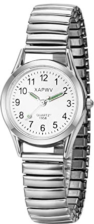 JewelryWe Women's Big Dial Easy Reader Watch Gold/Silver Tone Elastic Stretch Band Wristwatch, Silver Luminous Hands (6.3in - 7.87in), Elastic Watch