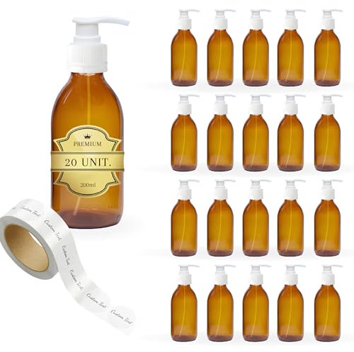 Skincare - Lote de 20 botellas de cristal ámbar de 200 ml con tapa de bomba dosificadora + 20 etiquetas personalizadas - Aceites esenciales, cosméticos, productos para el baño, dispensador de jabón