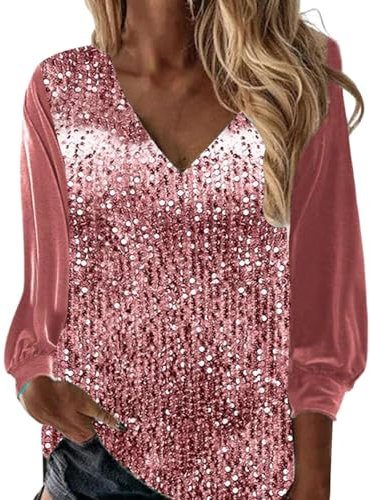 Women's Sparkle Sequin Tops V Neck Long Sleeve Solid Loose T Shirt Blouses Tops Blouse for Evening Party Red