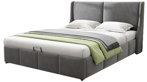 LUNEX HOME Bett mit Stauraum, grau, 180/140 x 200/190 cm, mit Kopf- und Fußteil aus Massivholz und Samt, verstellbare Plattform für Queen/Full Matratzen (140 x 200 cm)
