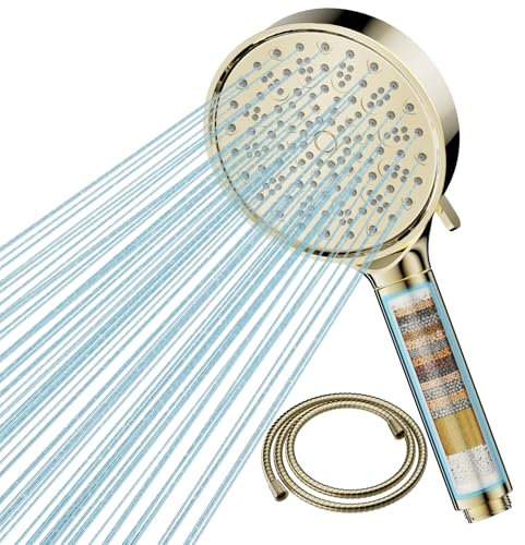 Cobbe Filtre Pommeau de douche Anti Calcaire avec 20 Étapes Filtre et avec Tuyau 1,5M, 6 Types de Jets Pommeau Économie Deau Haute Pression, Or