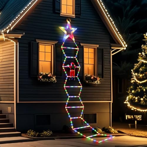 Opard 12Ft/3.65M Weihnachtsbeleuchtung mit Kletternder Weihnachtsmann, Weihnachtsdeko mit 8 Beleuchtungsmodi & Memory-Funktion, Weihnachts-RGB-Leiterlichter mit Stecker für Außen Balkon Garten