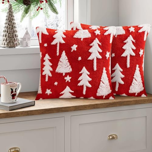 TETSMG Kissenbezug Weihnachten 2 Stück, Weihnachtsdeko Kissenbezug 45x45 cm, Kissenbezug Winter, Weihnachtsdeko Innen Kissenhülle Weihnachtskissenbezug 45x45 cm für Aesthetic Zimmer Deko (Baum Rot B)