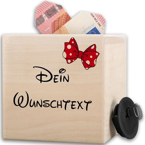 Holz - Spardose Wunschtext Schleife I Personalisierter Text I Sparbüchse selber beschriften mit Name I Kaffeekasse | Trinkgeldkasse Friseur selbst gestalten - 10x10cm - Holz