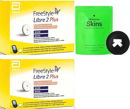Abbott Freestyle Libre 2 Plus Sensor Pack of 2 for diabetes monitoring CGM for UK + Free (Ultrahuman Skins) alcohol wipe and water proof CGM Patches to be used with LibreLink app UK, reader ONLY