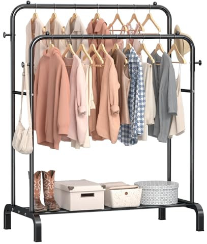 ZHKINGGS Metall Kleiderständer Doppelstange Multifunktionaler Kleiderstange mit Einlegeböden für Haus Schlafzimmer für Mäntel, Taschen, Schuhe, Stiefel (Schwarz)