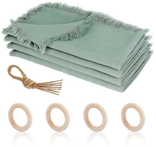 Ticeed Set di 4 tovaglioli da Tavolo in 100% Lino, 45 x 45 cm, in Tessuto Rustico con Anello per tovaglioli, riutilizzabili, per Feste di Matrimonio e Compleanni, Decorazione da Tavolo