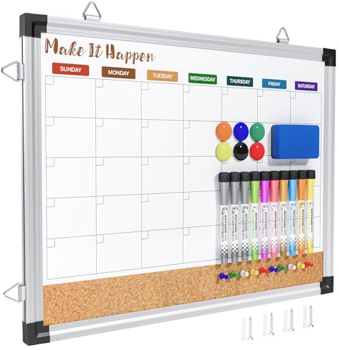Marsrock Monatliche trocken abwischbare Tafel und Korktafel für Wand, 43,2 x 33 cm, wendbar, zum Aufhängen, trocken abwischbar, doppelseitiges Whiteboard mit Aluminiumrahmen für Planung, Büro, Küche