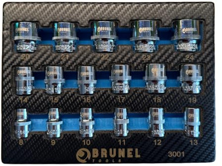 BRUNEL Tools 17pc 3/8 DR Shallow Sockets Set 6 Point 8-24mm EVA Tray BR3001