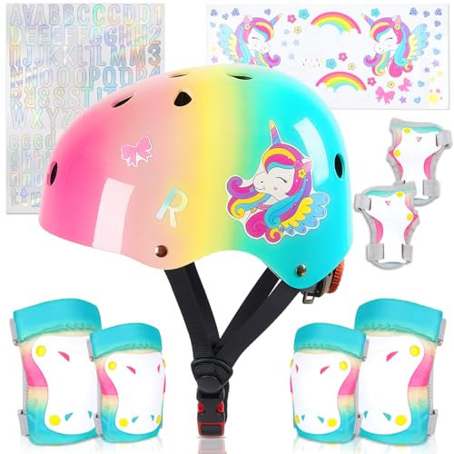 Juego de casco y almohadillas para niños, rodilleras y coderas de unicornio con calcomanías, equipo de protección ajustable para niñas de 3 a 8 años, apto para bicicleta, patineta, scooter, rosa y