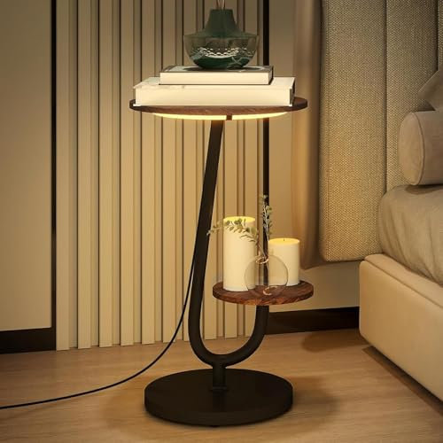 ARTETHYS Side Table, Bedside Small Coffee Table with 3 Color LED Lights and 2 Tier Storage Shelves for Living Room Bedroom, Rustic Brown
