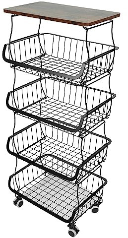 OHMG Corbeille a Fruit,2 Etages Panier a Fruit,Corbeille Fruit de Cuisine avec Couvercle en Bois Panier a Fruit Empilable Montable au Mur,Rangement Fruits Légumes (Métal-5 Niveaux, 40*30*94cm)