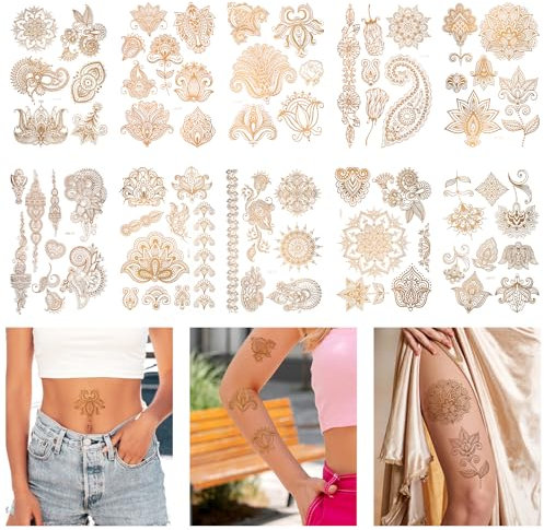 HJZHII Spitze Temporäre Tattoos für Damen, Temporäre Tattoos Aufkleben Wasserfeste Indische Blume Mandala Blume Tattoo Aufkleber für Arm Körper Makeup Eid Hochzeit Festival Party, 10 Stück(Gold)