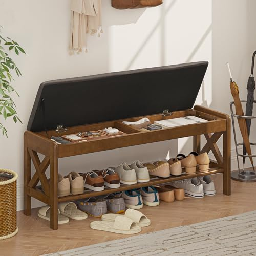 LUE BONA 110 cm Schuhbank mit Sitzfläche,Holz Sitzbank mit Stauraum und Gepolstertem Kissen,Schuhschrank Holz mit Klappdeckel für Flur,Eingangsbereich,Wohnzimme,110 × 33× 46 cm,Rustikales Braun