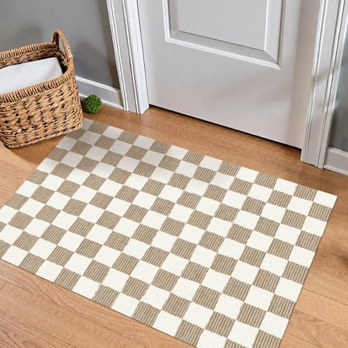 Waschbarer Eingangsteppich, 60 x 90 cm, braun, kleiner Teppich, kariert, moderne Geometrie, neutrale Linie, Türmatte, Inneneingang, rutschfest, weicher Teppich, Küche, Eingangsbereich, Schlafzimmer