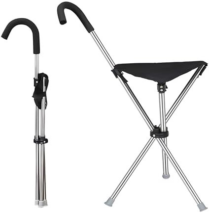 EVIYI 2 in 1 Klappbarer Gehstocksitz, Krücken mit Sitz, aus Edelstahl mit einer Tragkraft von bis zu 150 kg, ist so konzipiert, dass er leicht und tragbar ist (der abgerundete Griff ist nicht