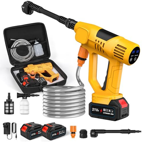 Cordless Pressure Washer, 65 Bar Portable Jet Washer with 2PCS 3.0Ah Battery, 6 in 1 Nozzle, 10 Levels of Pressure Adjustment, 5M Hose, LCD Touch Screen, for Cleaning Car, Floor, Garden