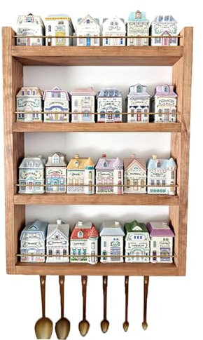 SUNUCO Holzgewürzregal mit Messingschienen und Haken zum Aufhängen von Messlöffeln, 4 Shelves Gewürz Organizer, Gewürzregal Wand für Küchenregale und zur Aufbewahrung von Gewürzen