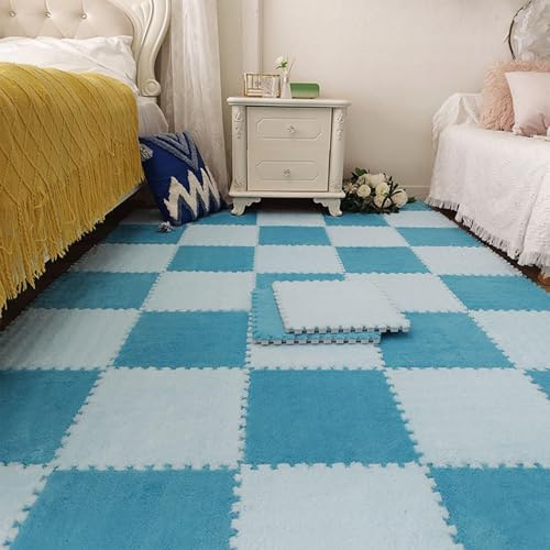 30pcs, 1.0cm Thickened Fluffy Interlocking Carpet Tiles, Jigsaw Puzzle Rug Carpet Shaggy Plush Puzzle Square Foam Floor Mat Tiles(Dark Blue+sky Blue)