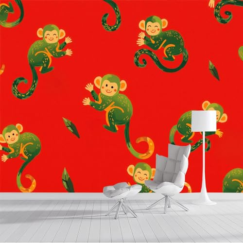 Wandtapete Cartoon-Affe Fototapete, Retro-Aquarell-Tier Wandtapete Foto Für Kinderzimmer Babyzimmer Wand-Kunst-Deko 250x175cm, Rot