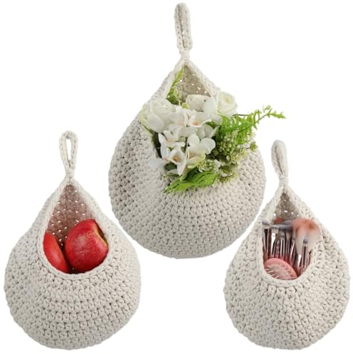 SWEWARM 3 Pcs Hanging Fruit Basket, Hand Woven Cotton Rope Kitchen Basket, Boho Wall Decor Mounted Baskets, Rustic Wall Storage Organizer for Kitchen, Living Room & Bathroom