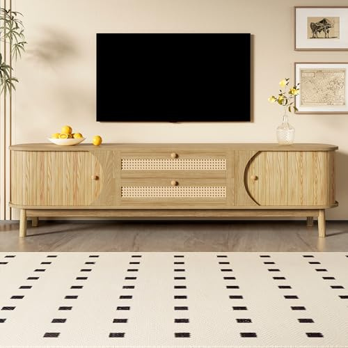 FammyLoft TV-Board mit Rattanseiten, TV-Schrank mit Türen und Schubladen, Natürlicher Holz-Blend Fernsehtisch, TV- Kommode, TV Table, TV Tisch, Aufbewahrungslösung, Natürlicher Landhausstil, 170cm