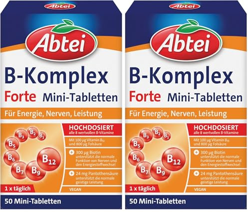 Abtei Vitamin B-Komplex Forte - Für Energie, Nerven, Leistung - Mit allen 8 B-Vitaminen und Biotin - Hochdosiert - Glutenfrei, laktosefrei, vegan - 50 Mini-Tabletten (Packung mit 2)