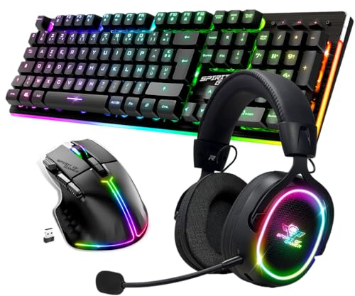 Spirit of Gamer, Pack Clavier Souris + Casque sans Fil RGB, Compatible PS5/PS4 et PC, Clavier Semi-mecanique AZERTY FR Rétroéclairé, Casque Gaming sans Fil Bluetooth avec Micro Détachable