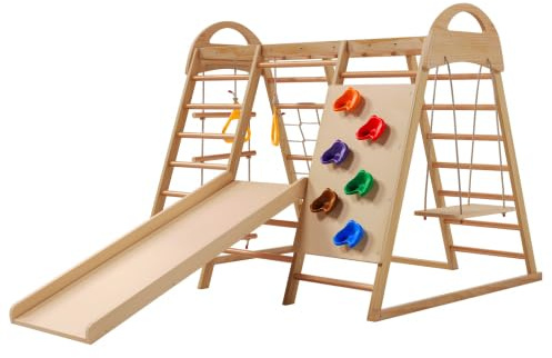 Indoor Klettergerüst 7-in-1 aus Massivholz & Buche – Kletterdreieck mit Schaukel, Rutsche & Kletternetz – Verstellbare Höhe, Zeltfunktion – Spielturm für Kinder ab 3 Jahre