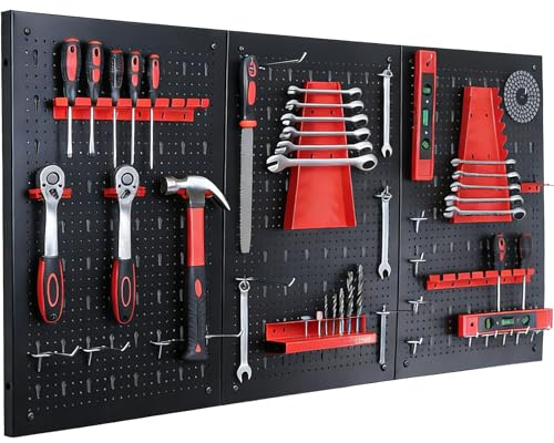 KARAT Panneau mural à outils Parker - Kit de panneaux perforés en métal avec accessoires - Support de rangement pour atelier et garage (Noir/Rouge – Set de 3 panneaux)