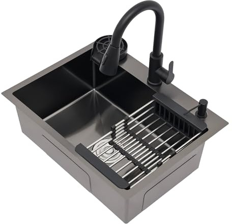 Fregadero de cocina negro, 60 x 45 cm, de acero inoxidable, con soporte para tazas, grifo extensible, dispensador de jabón, escurridor, fregadero empotrable para cocina, hogar, baño