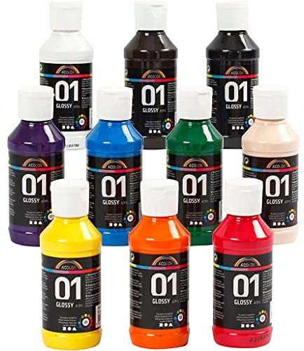 A-Color - Juego de 10 botes de pintura acrílica para principiantes, estudiantes y artistas profesionales, 10 x 100 ml, brillante, colores surtidos