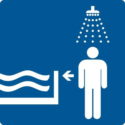 Schwimmbadschild Erst duschen aus selbstklebender Folie - in verschiedenen Größen erhältlich