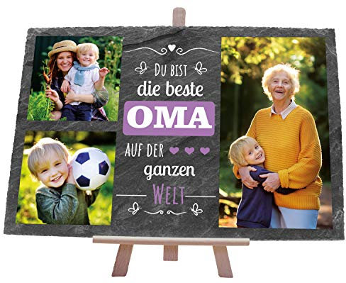 wandmotiv24 Schiefertafel Beste Oma, Mit Ihrem Foto Bedrucken Lassen, 3 Farbfotos mit Spruch, Holz-Staffelei zum Aufstellen, Querformat 30x20cm, Vintage Natur Schieferplatte, Fotogeschenk