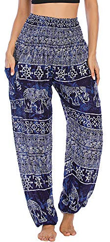 Nuofengkudu Damen Hippie Pumphosen mit Taschen Muster High Waist Haremshose Boho Luftige Bequeme Luftige Sommer Thai Hosen Yogahose Strandhosen Festlich(W-Dunkelblau,Einheitsgröße)