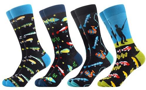 WeciBor Herren Lustige Bunte Socken mit Motiv, 4 Paar Mehrfarbig Angeln, Größe 43-46