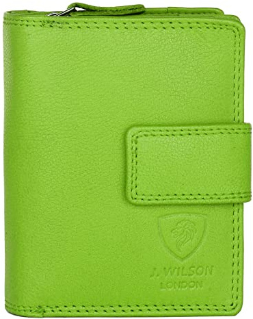 J. Wilson London Ladies RFID Safe Designer Soft Leather Purse Card Women Clutch Wallet with Zip Pocket Gift Boxed (Lime Green)