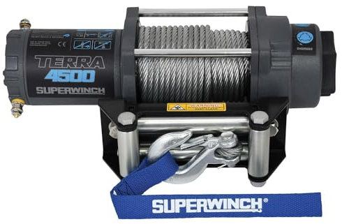 Superwinch Terra 4500 Treuil 1145260 12 V DC 2041,2 kg à Traction Unique UTV/ATV avec Guide-câble à Rouleau, câble métallique en Acier de 15/64 po x 15,2 m, télécommande Manuelle, Interrupteur de