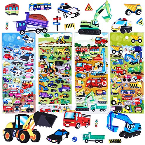 Auto Aufkleber für Kinder Jungen,3D Car Sticker Set for Kids,Fahrzeuge Einschließlich Traktor,Bagger,Baustellenfahrzeug, Feuerwehr,Polizeiauto,4 Blätter.
